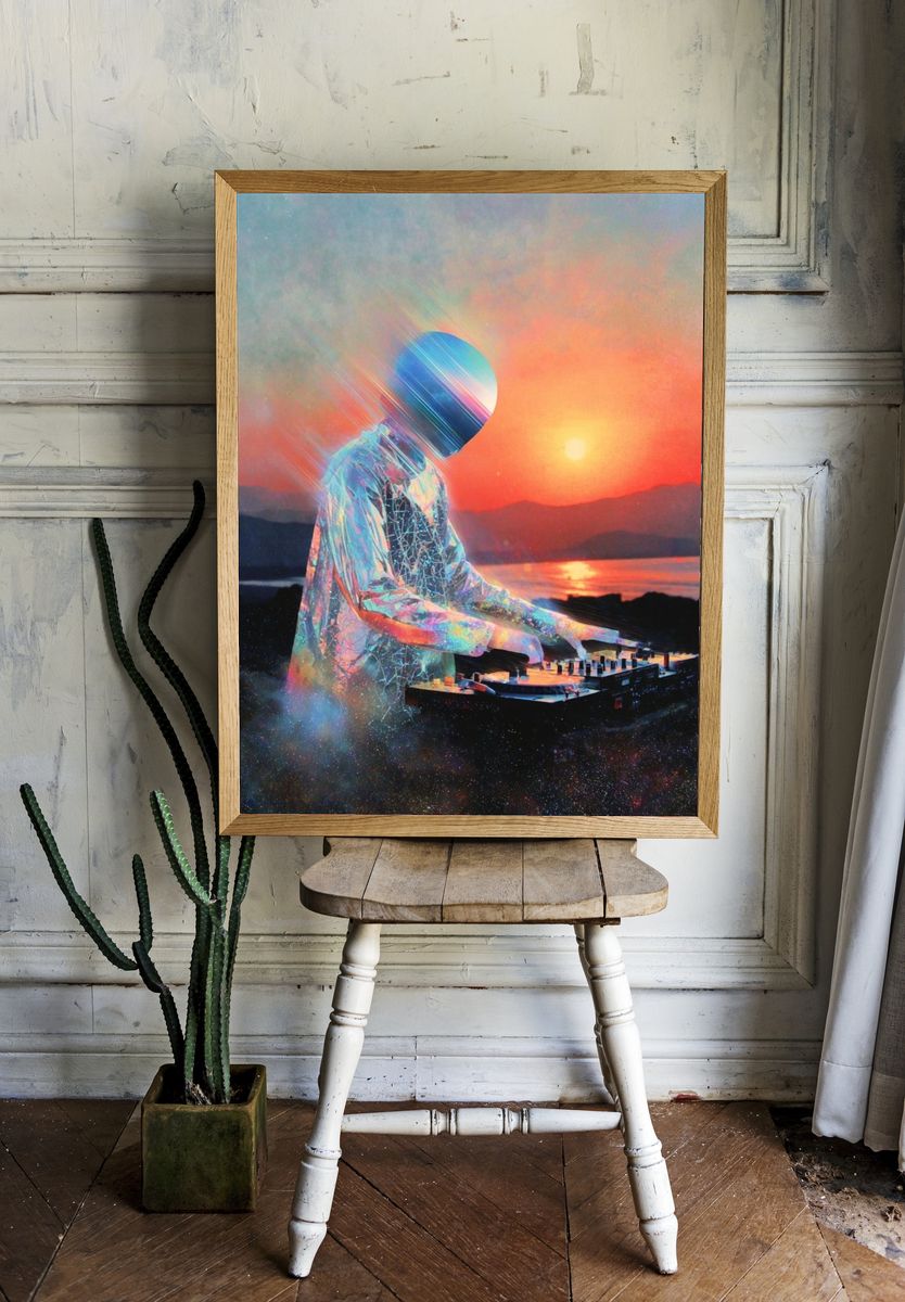 Cosmic DJ Sunset Digital Art Print. room preview