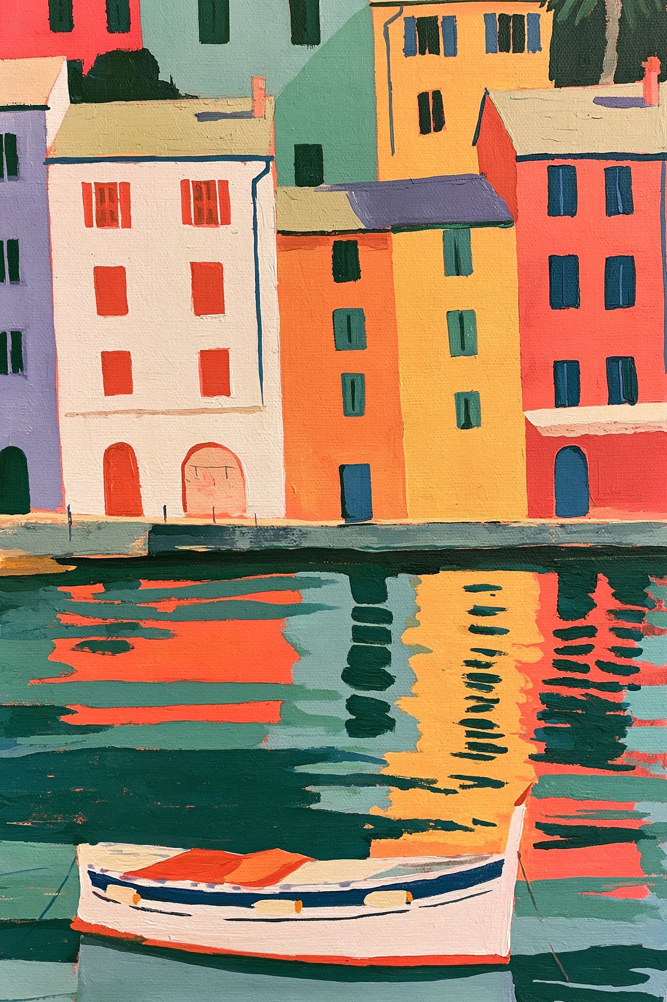 Colorful Harbor Village Illustration Poster. poster detail