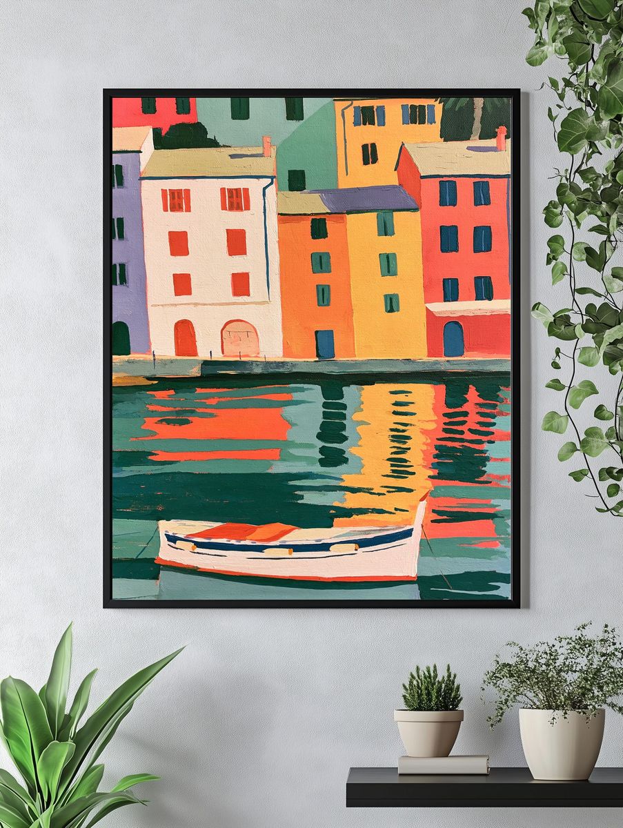 Colorful Harbor Village Illustration Poster. — room view 4