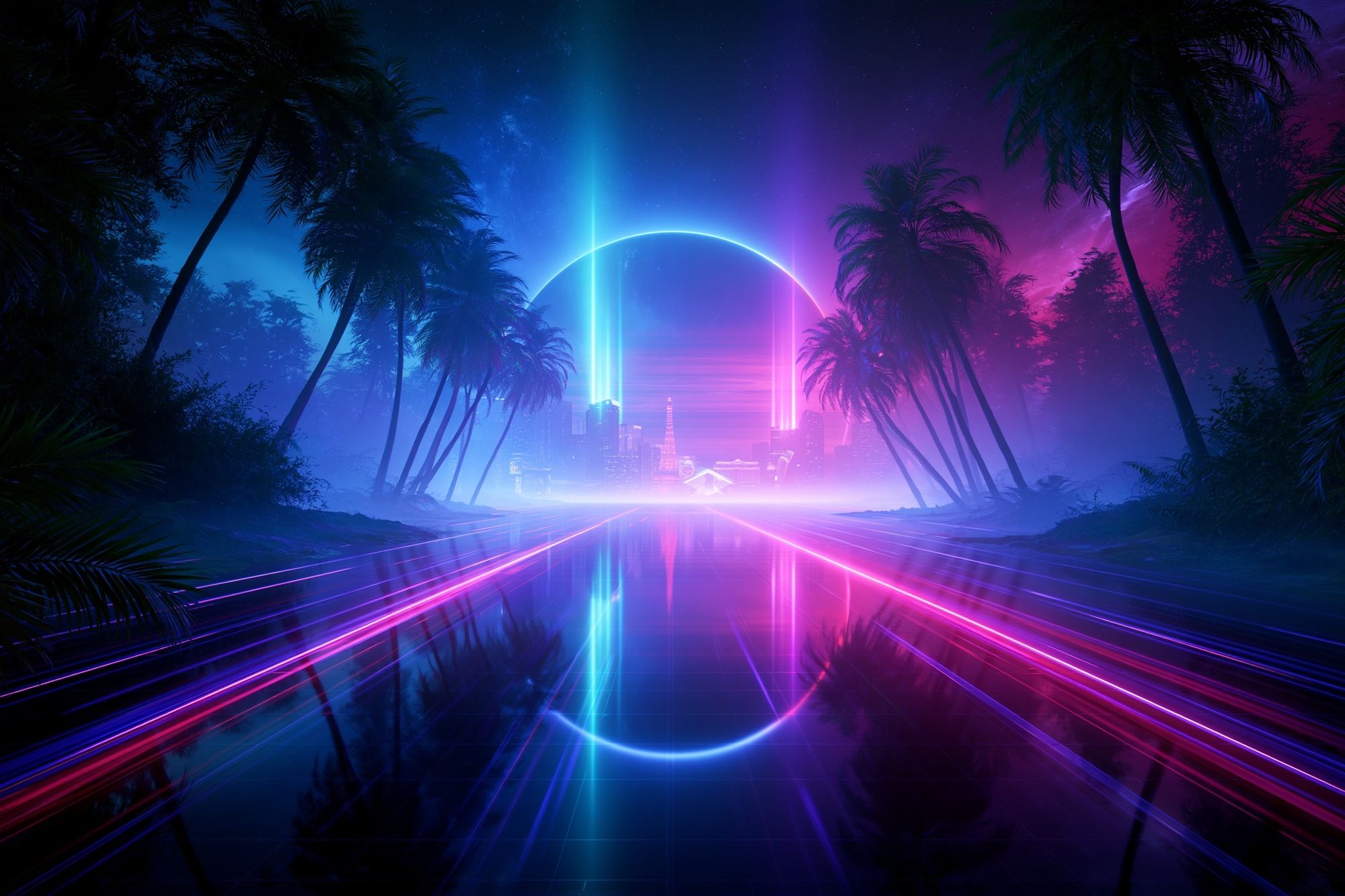 Neon Palm Horizon Retro Print. poster — illustration art