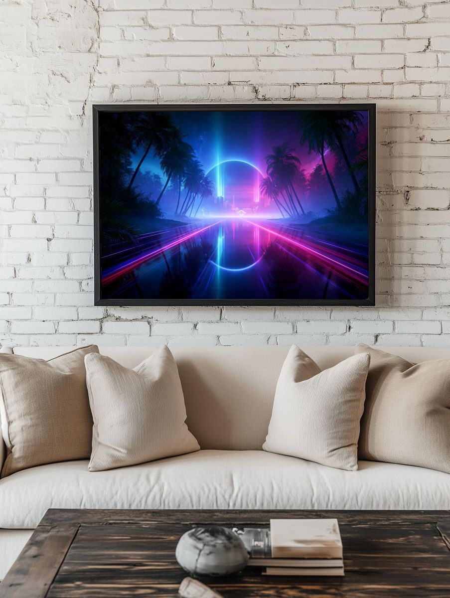 Neon Palm Horizon Retro Print. room preview