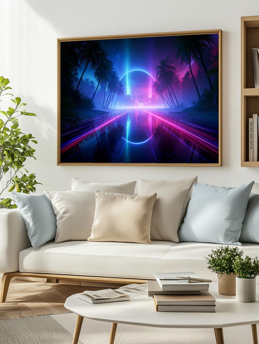 Neon Palm Horizon Retro Print. — room view 2