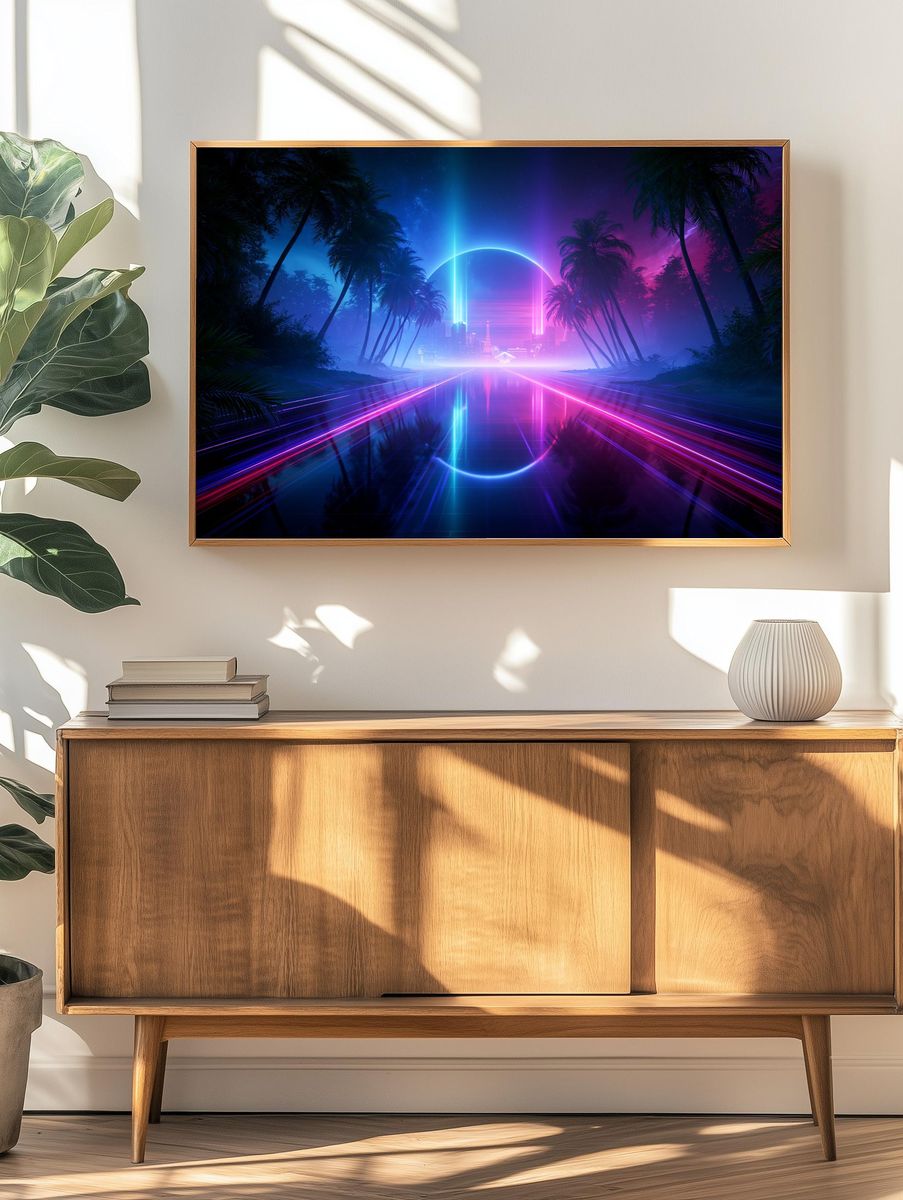 Neon Palm Horizon Retro Print. — room view 3