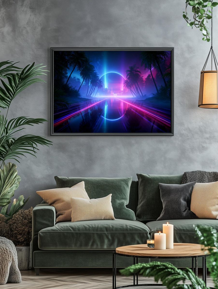 Neon Palm Horizon Retro Print. — room view 4