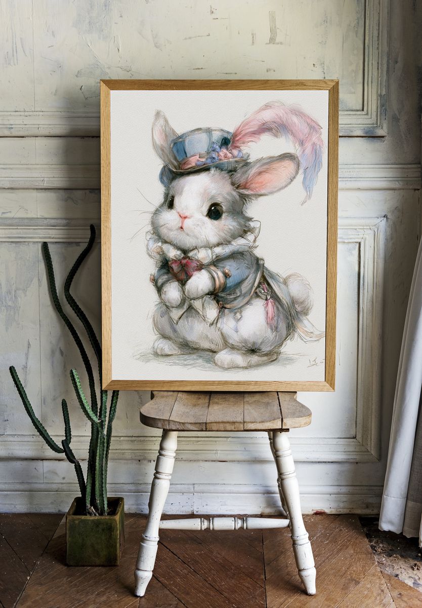 Victorian Bunny Watercolor Print. — room view 1
