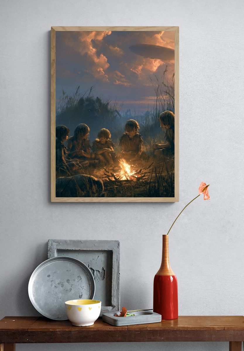 Children by Campfire Sci-Fi Illustration Poster. — room view 3