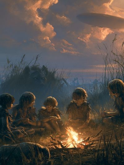 Children by Campfire Sci-Fi Illustration Poster.