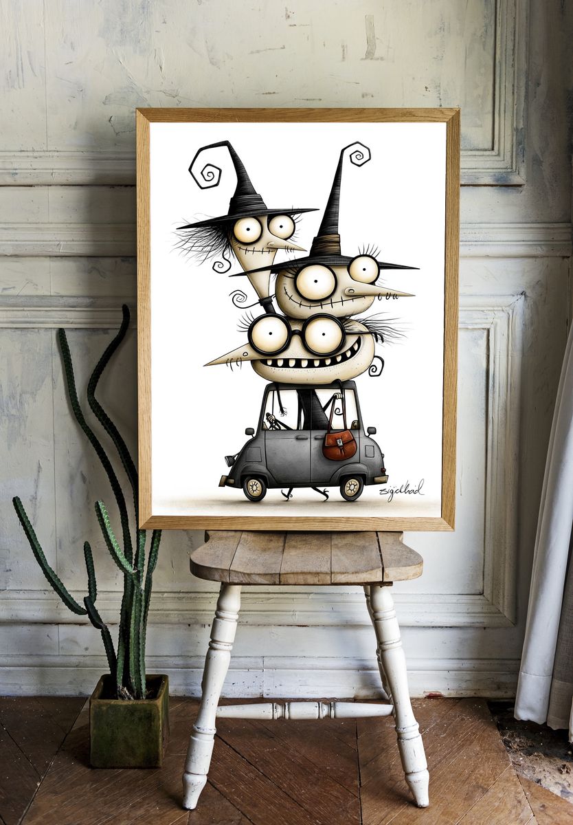Witch Car Cartoon Illustration Poster. — room view 1