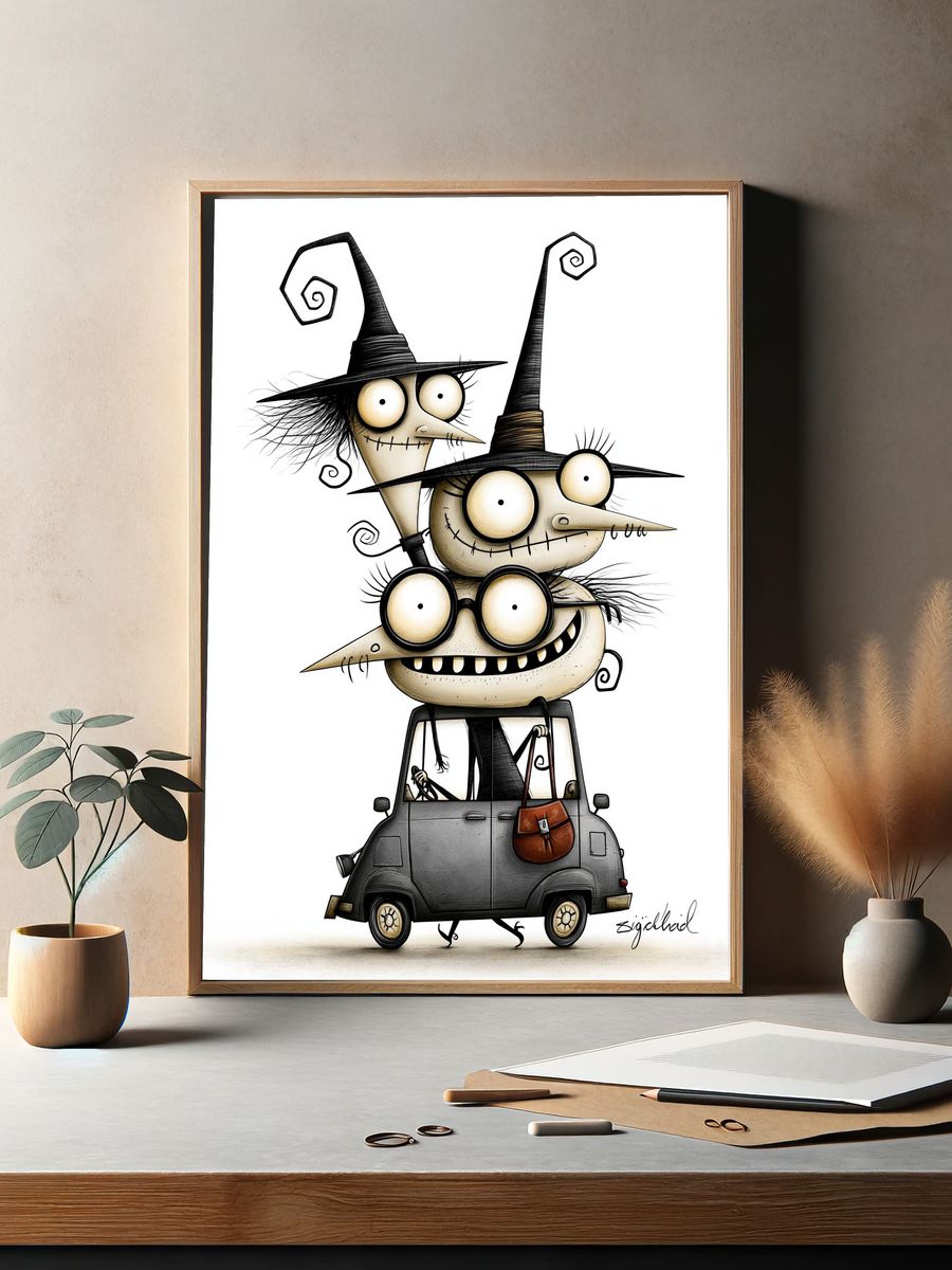 Witch Car Cartoon Illustration Poster. — room view 2