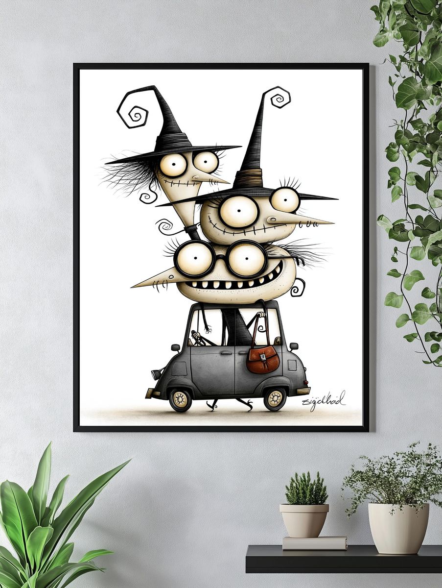 Witch Car Cartoon Illustration Poster. — room view 4