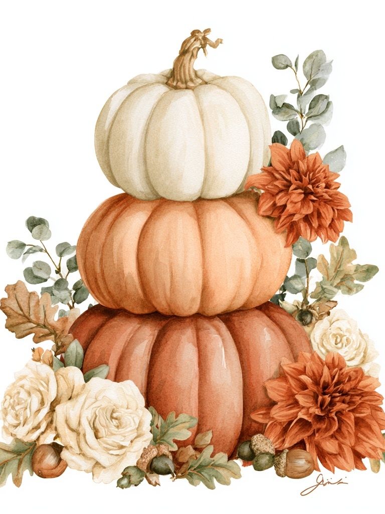 Autumn Pumpkin Stack Watercolor Poster. poster detail