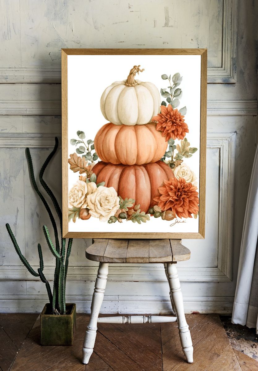Autumn Pumpkin Stack Watercolor Poster. — room view 1