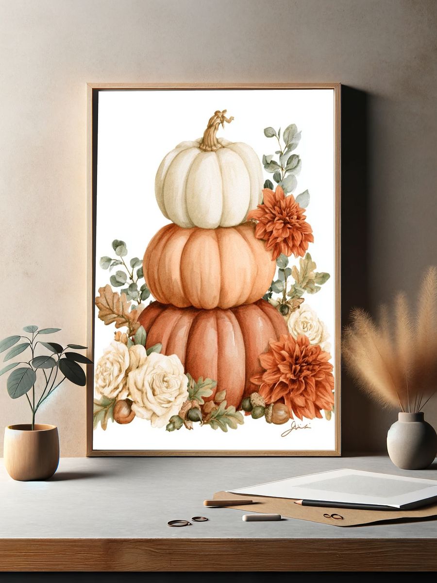 Autumn Pumpkin Stack Watercolor Poster. — room view 2