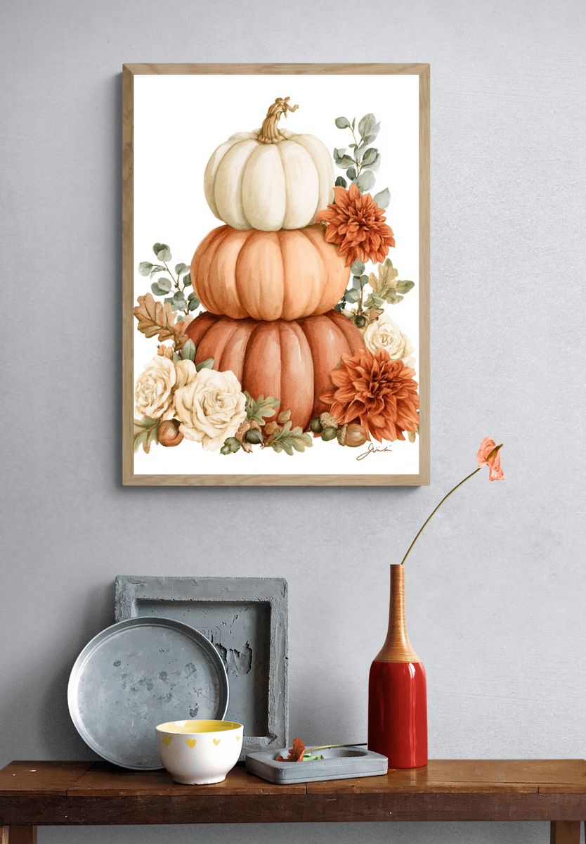 Autumn Pumpkin Stack Watercolor Poster. — room view 3