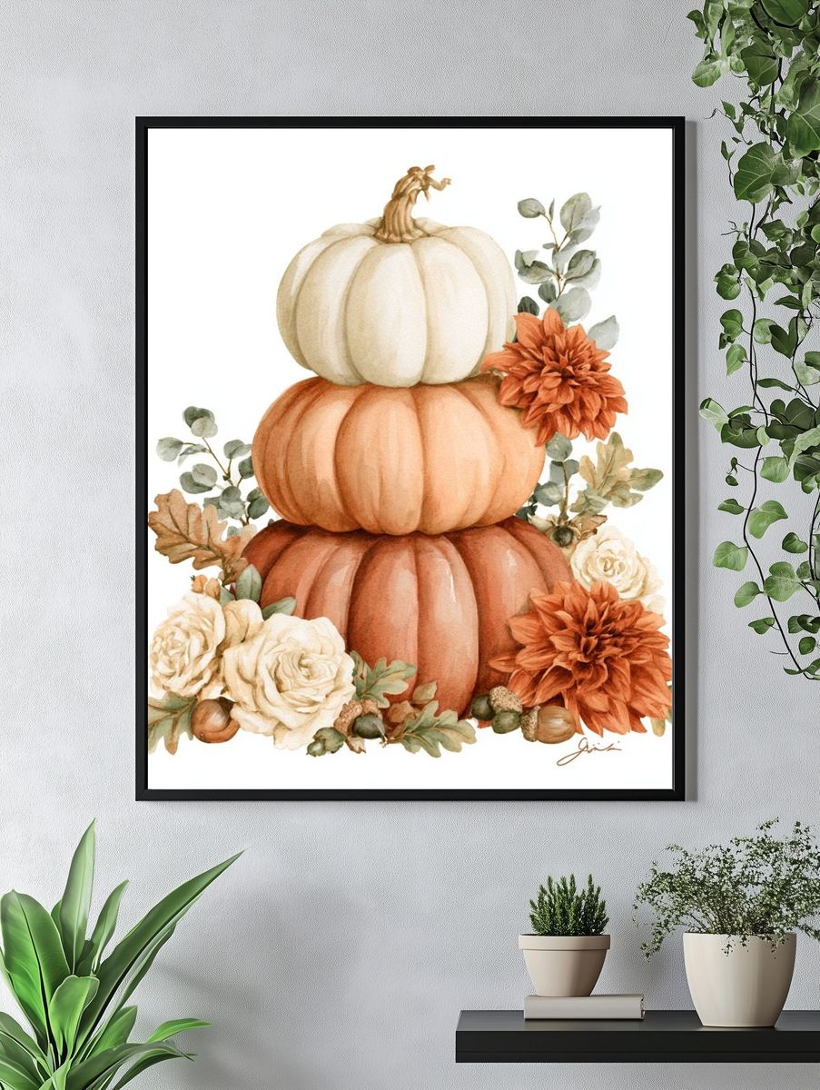 Autumn Pumpkin Stack Watercolor Poster. — room view 4