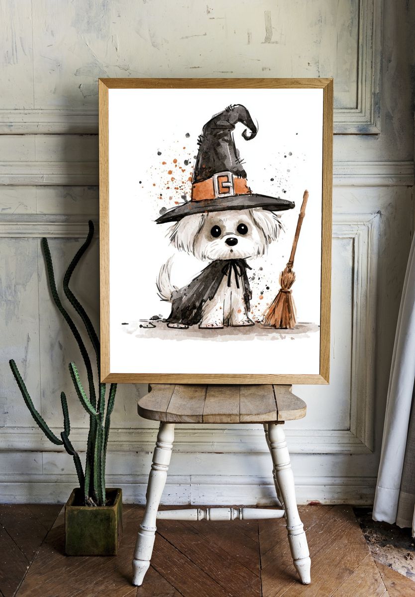 Witchy Puppy Watercolor Poster. — room view 1