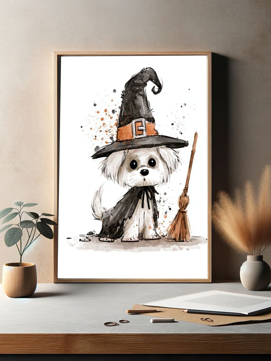 Witchy Puppy Watercolor Poster. — room view 2
