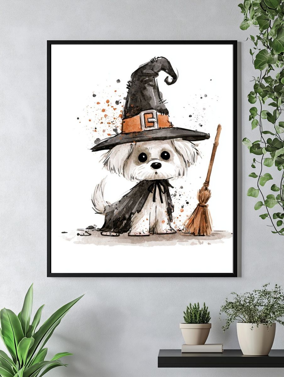 Witchy Puppy Watercolor Poster. — room view 4