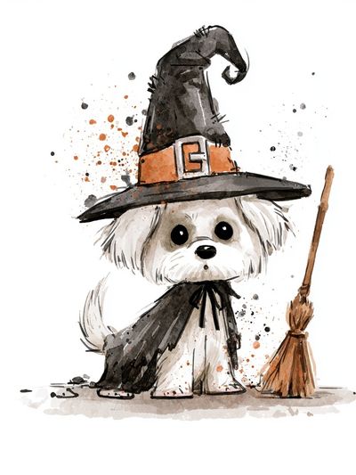 Witchy Puppy Watercolor Poster. poster