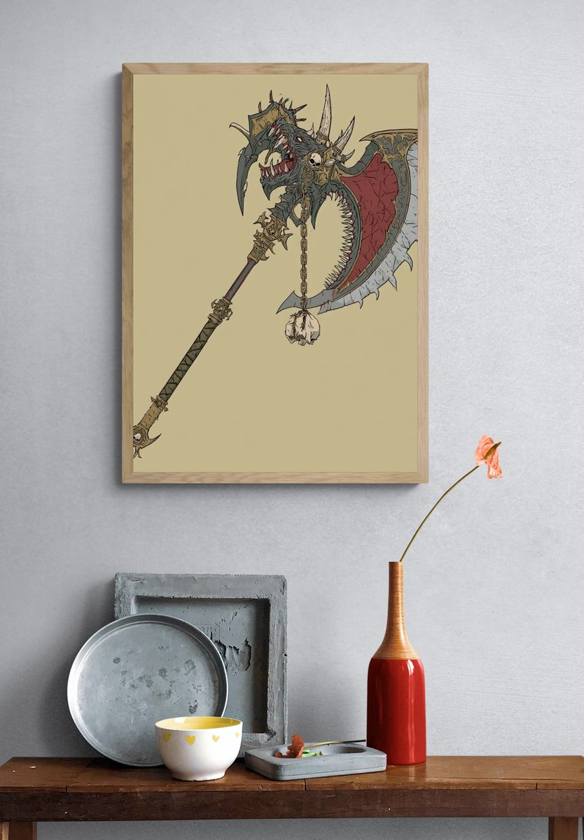 Demonic Dragon Axe Illustration Poster. — room view 3