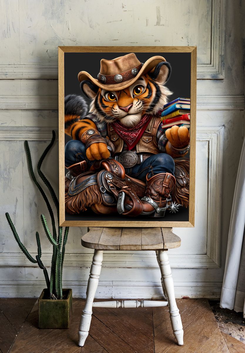 Cowboy Tiger Illustration Poster. room preview