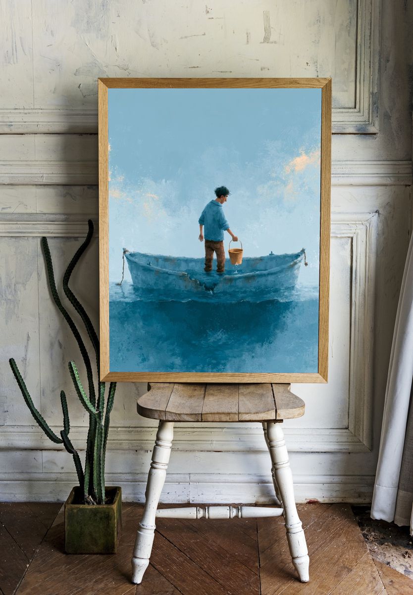 Boy in Blue Boat Illustration Print. — room view 1