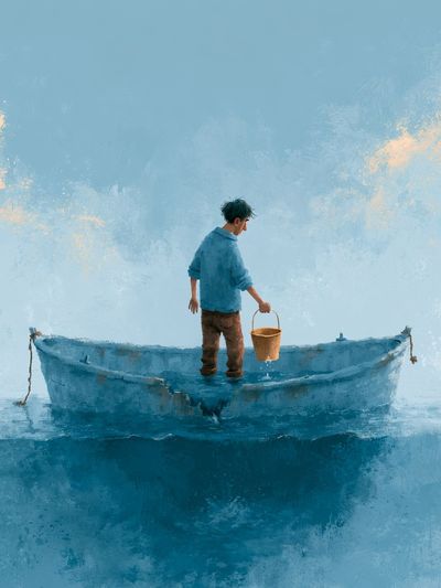 Boy in Blue Boat Illustration Print. poster