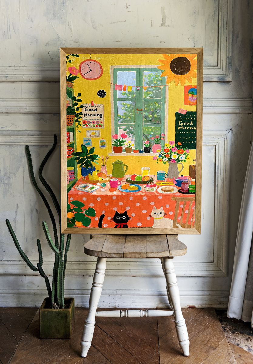 Cozy Cat Kitchen Illustration Poster. — room view 1