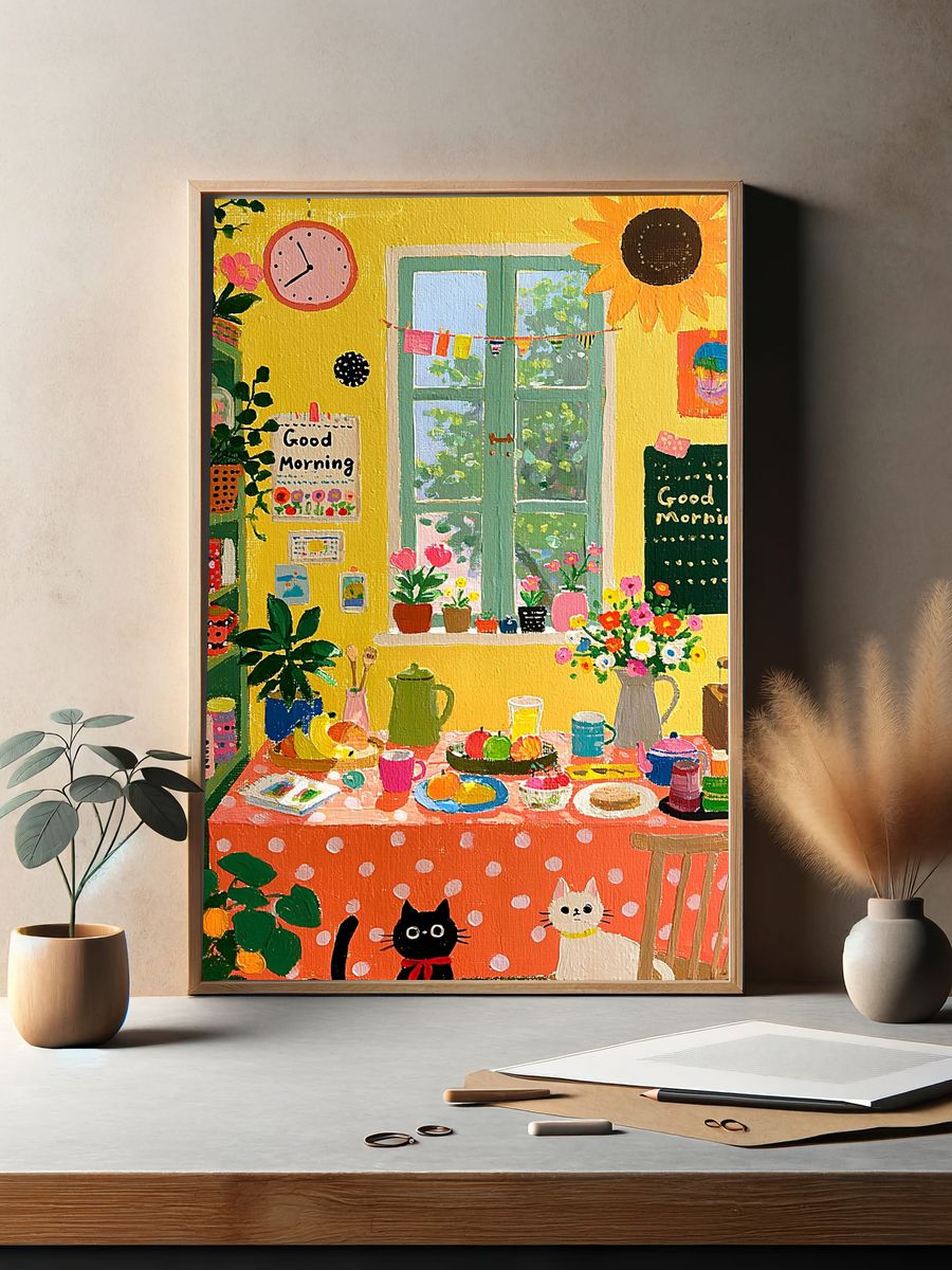 Cozy Cat Kitchen Illustration Poster. — room view 2