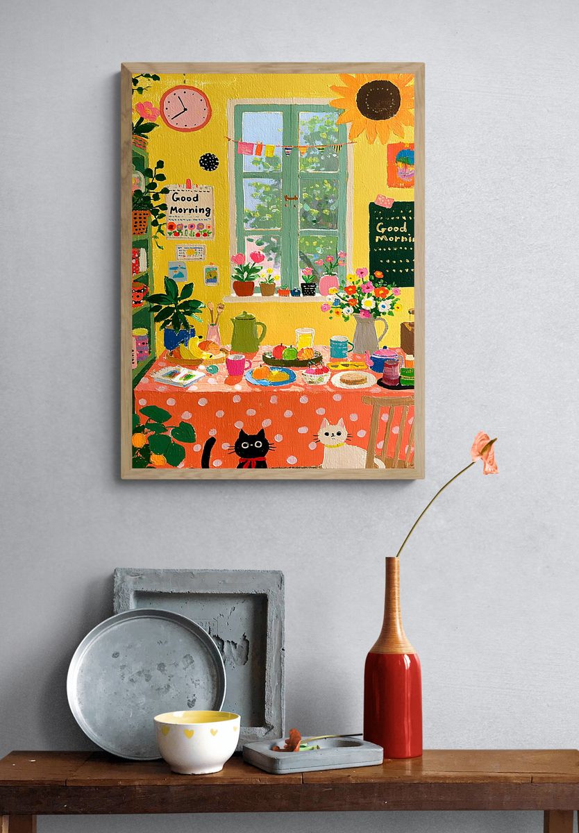 Cozy Cat Kitchen Illustration Poster. — room view 3