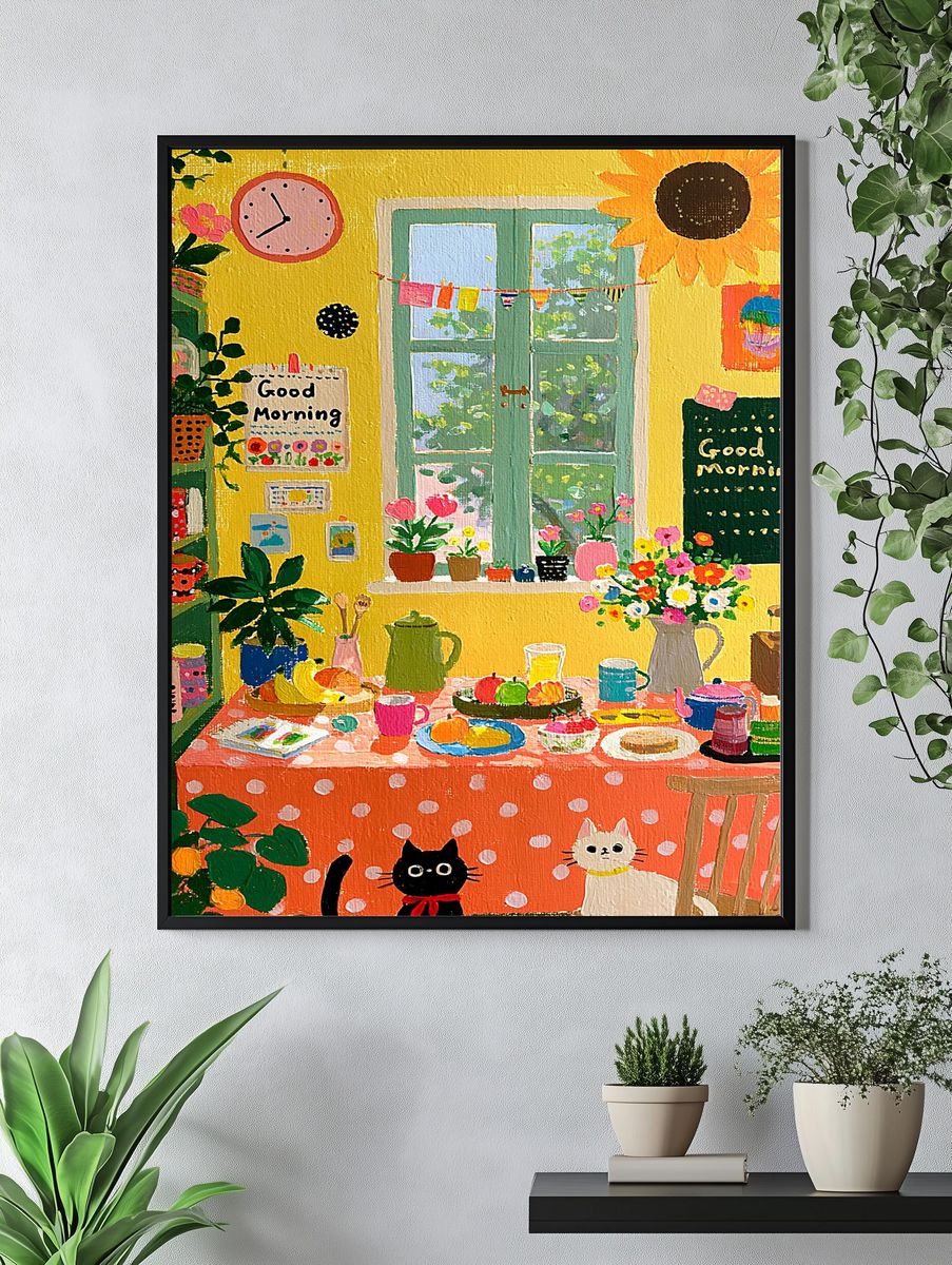 Cozy Cat Kitchen Illustration Poster. — room view 4