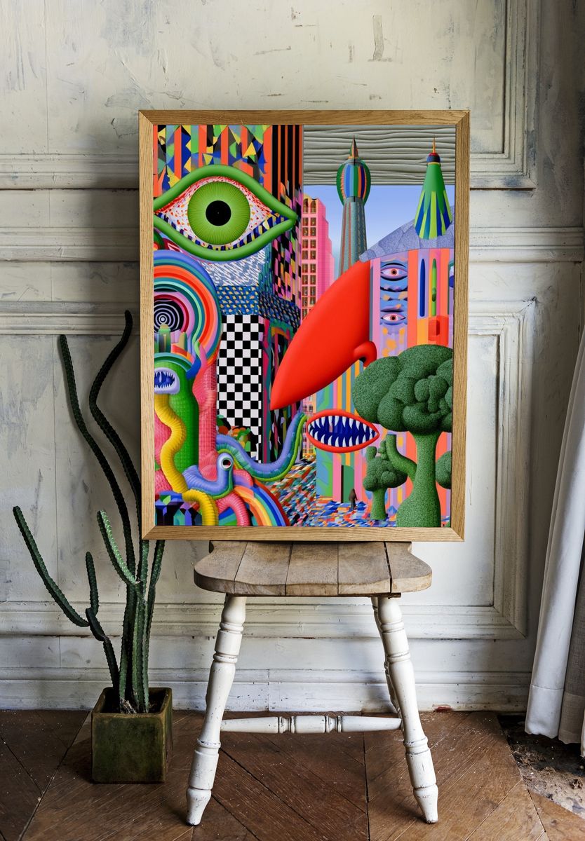 Surreal Neon City Poster. room preview
