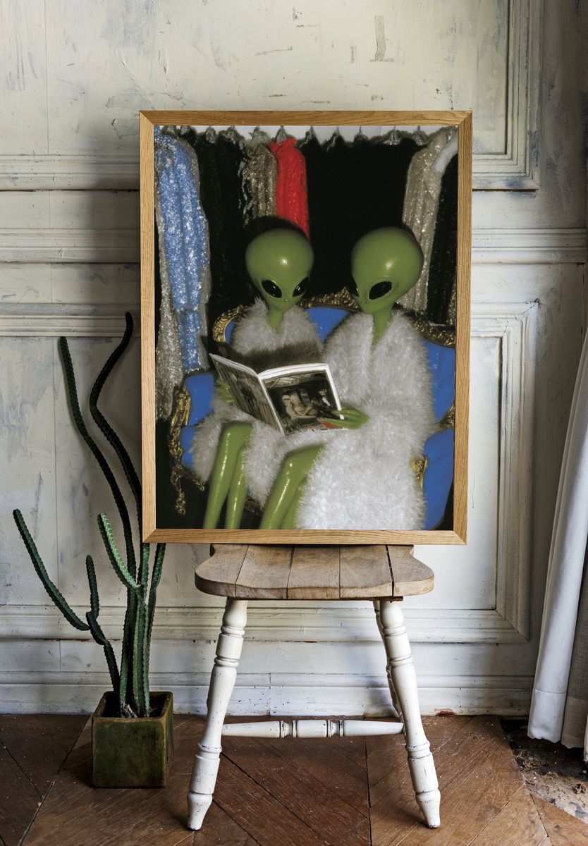 Alien Reading Portrait Print. room preview