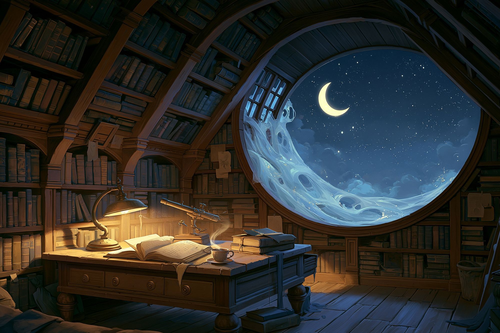 Moonlit Library Fantasy Print. poster detail