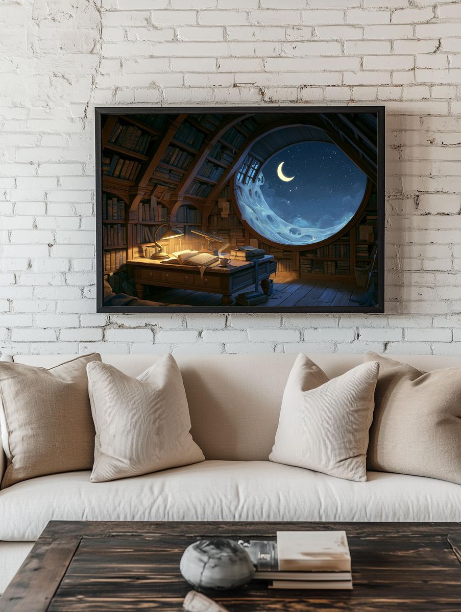 Moonlit Library Fantasy Print. room preview