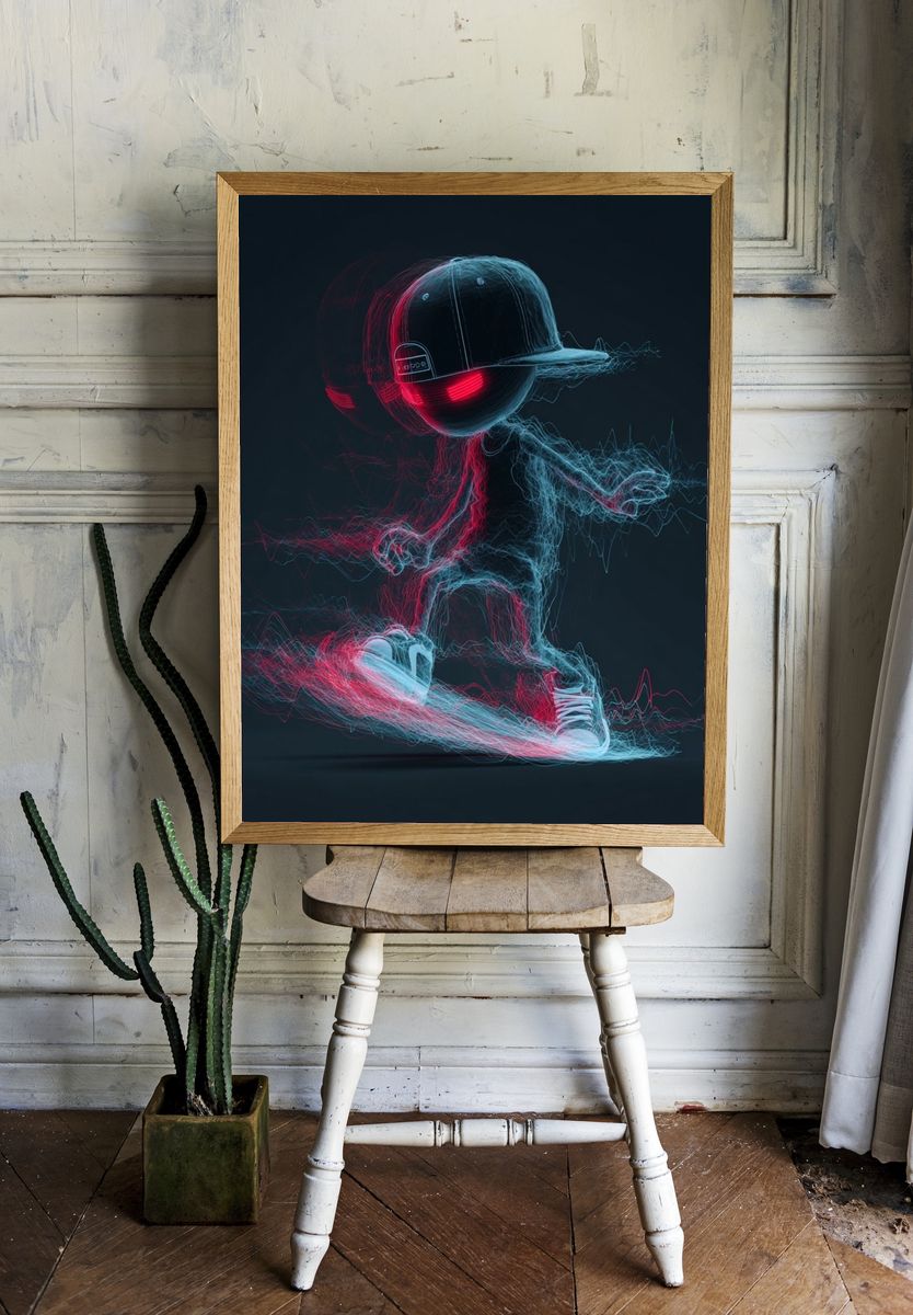 Neon Skateboarder Digital Art Poster. room preview