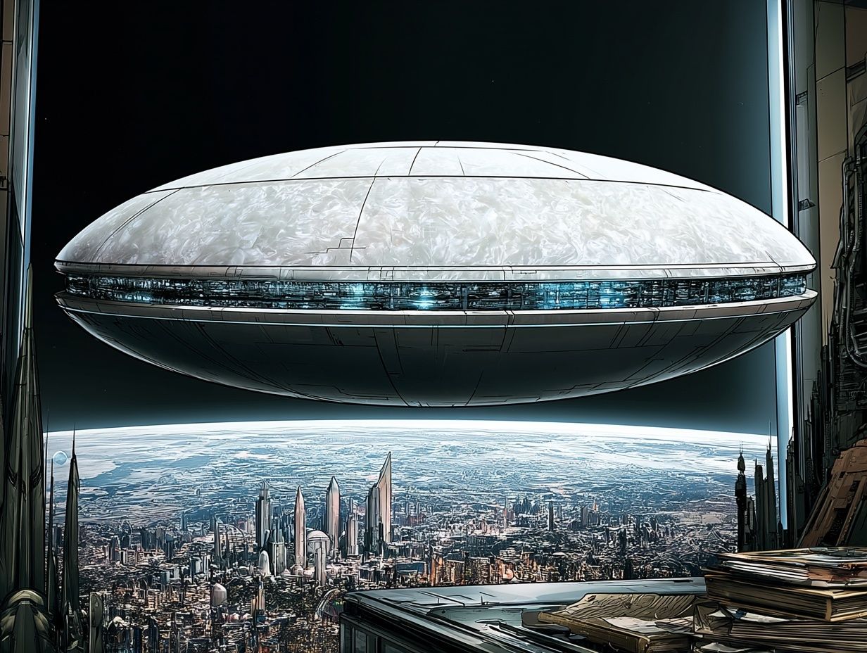 Futuristic Cityscape Spaceship Poster. poster detail
