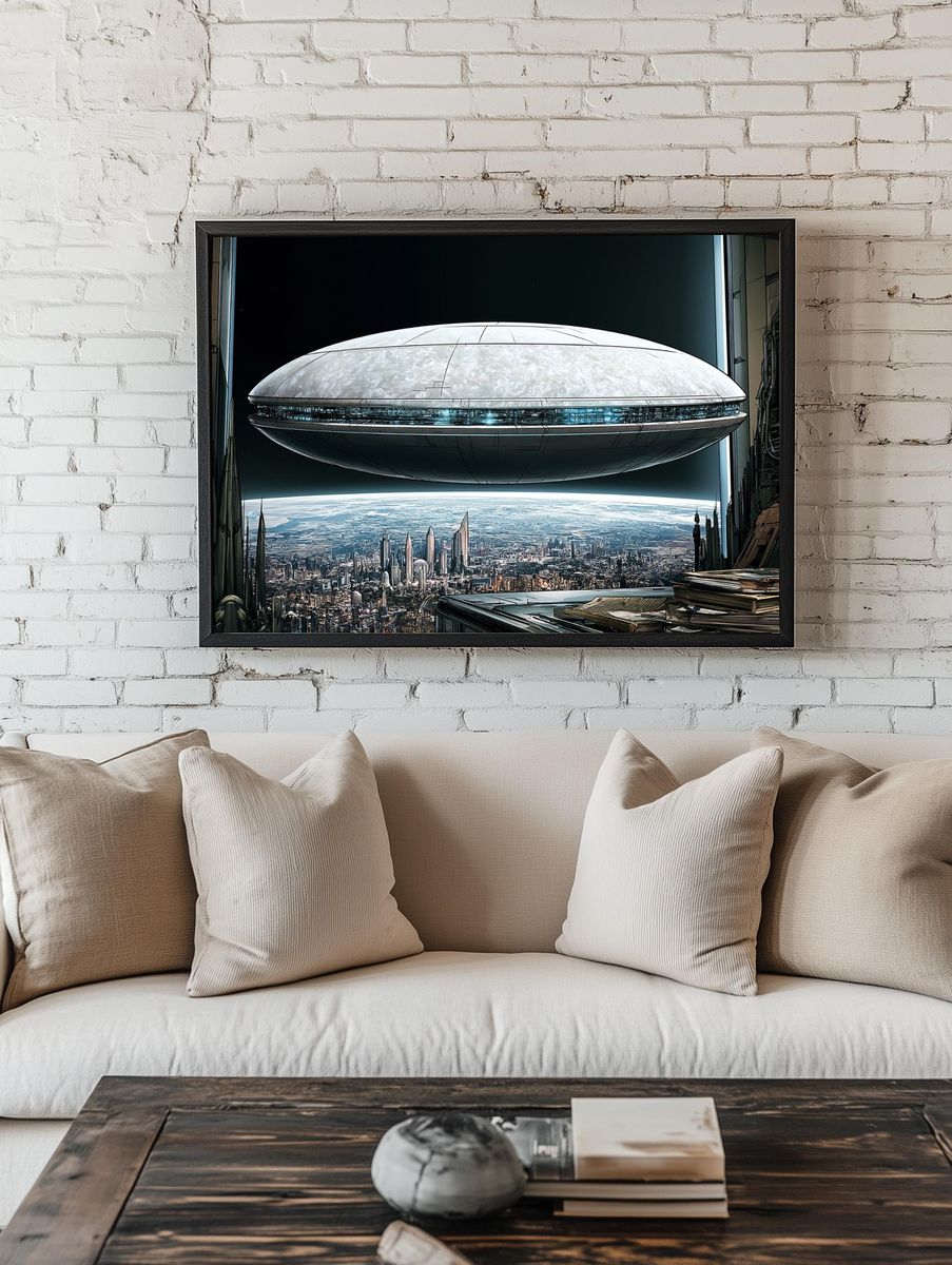 Futuristic Cityscape Spaceship Poster. — room view 1