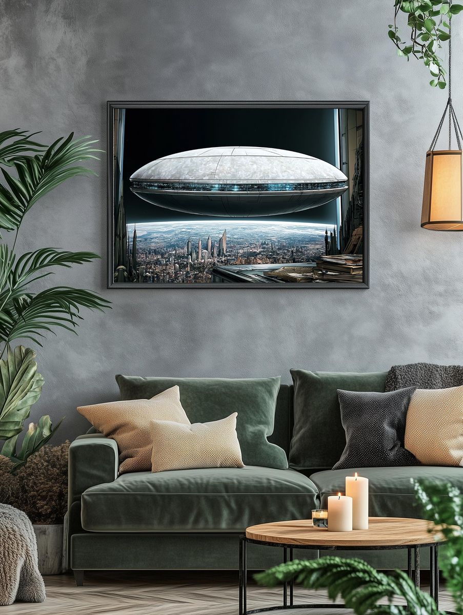 Futuristic Cityscape Spaceship Poster. — room view 4