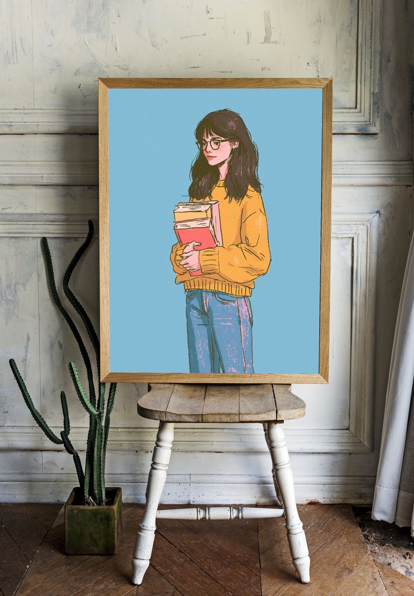 Girl with Books Illustration Poster. room preview