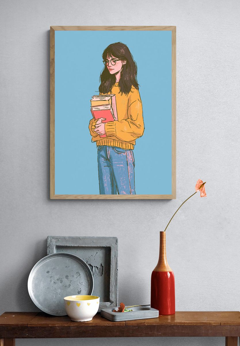 Girl with Books Illustration Poster. — room view 3