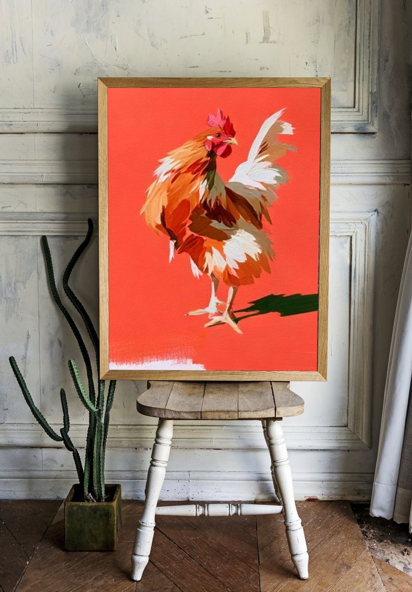 Rooster on Coral Background Illustration Poster. — room view 1