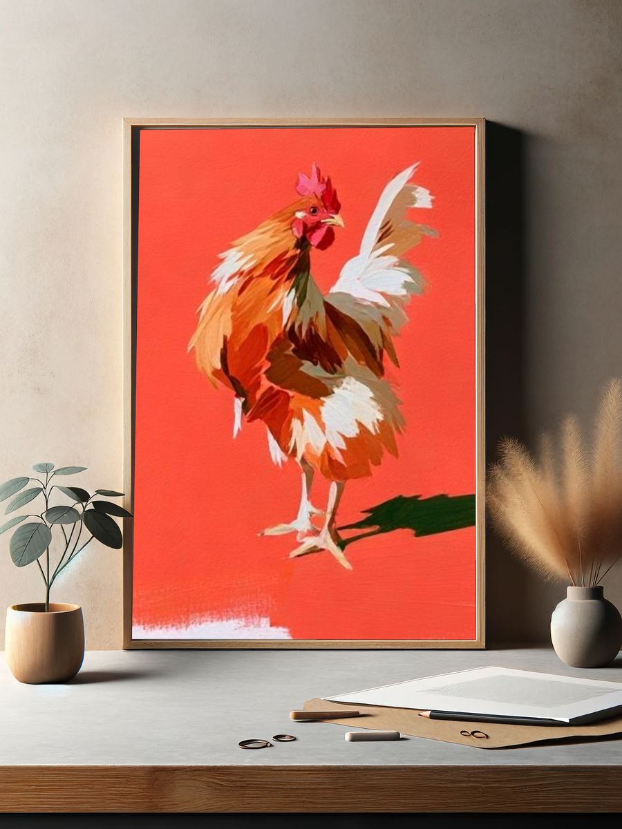 Rooster on Coral Background Illustration Poster. — room view 2