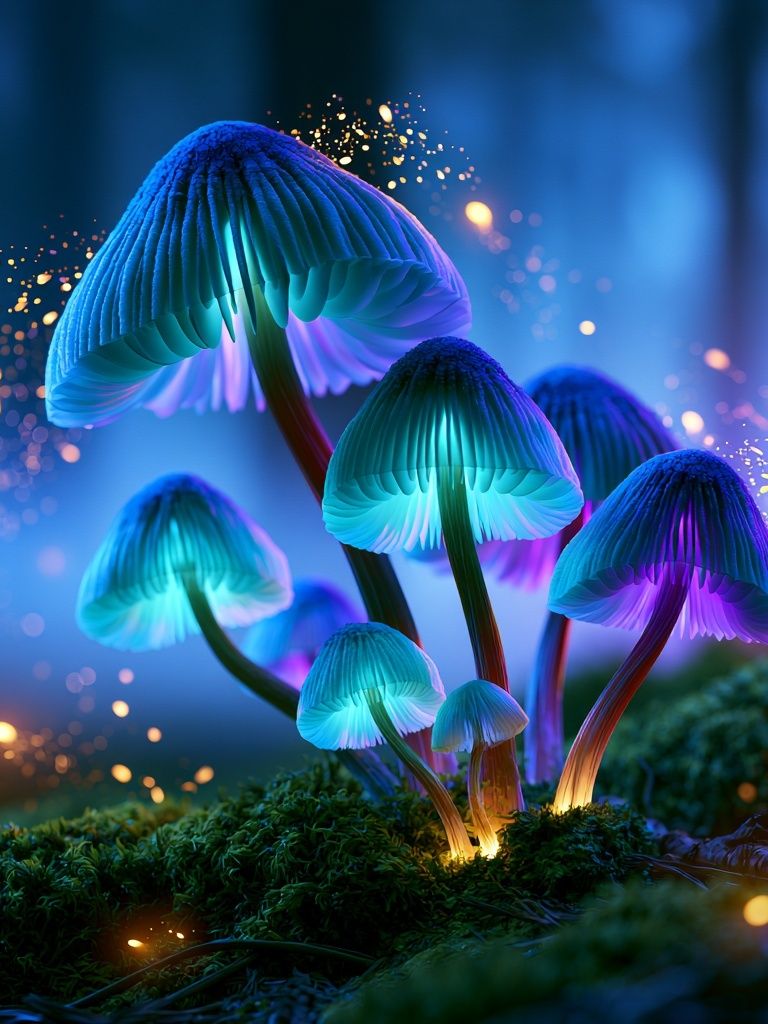 Glowing Neon Mushrooms Illustration Poster. poster detail