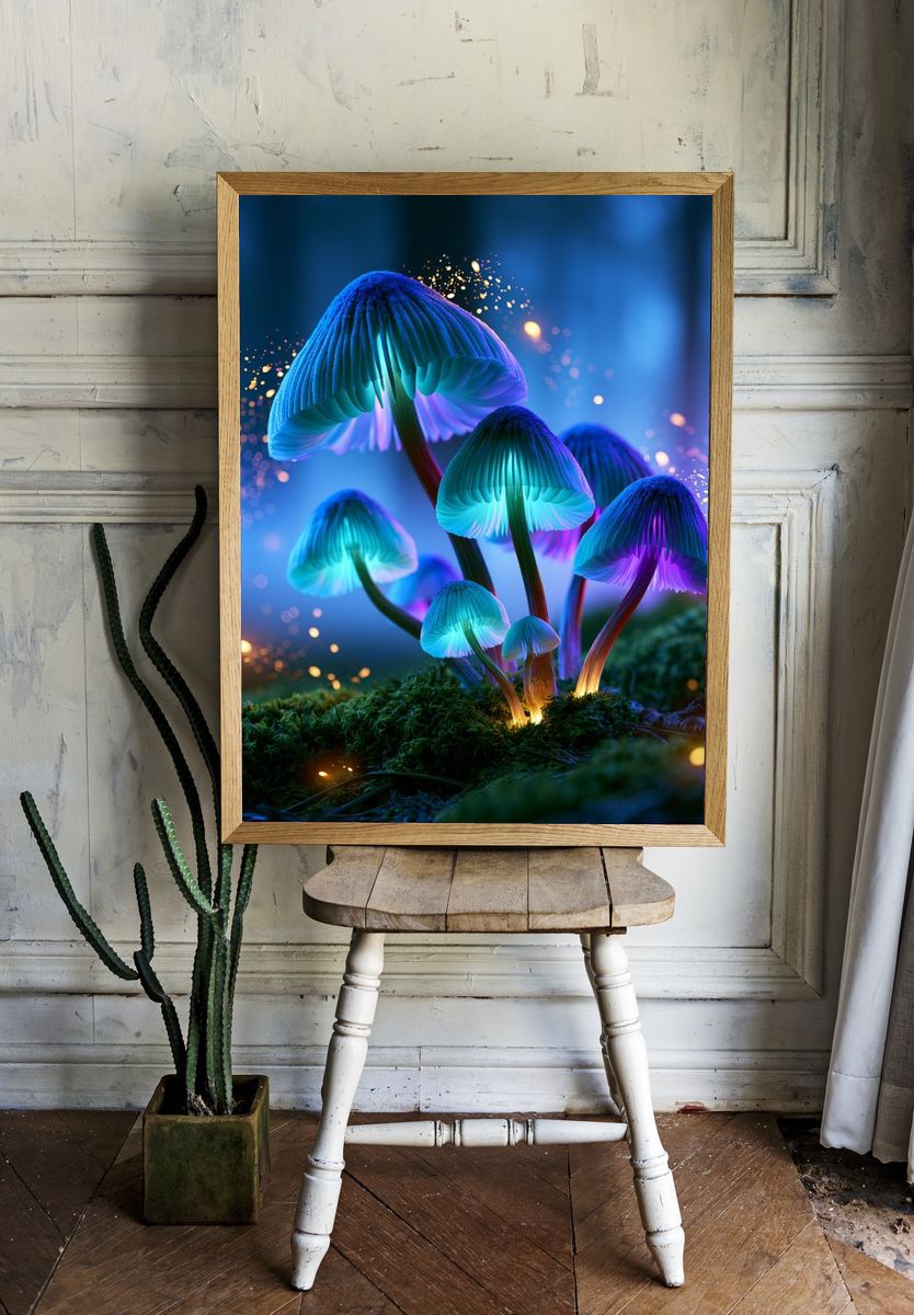 Glowing Neon Mushrooms Illustration Poster. — room view 1