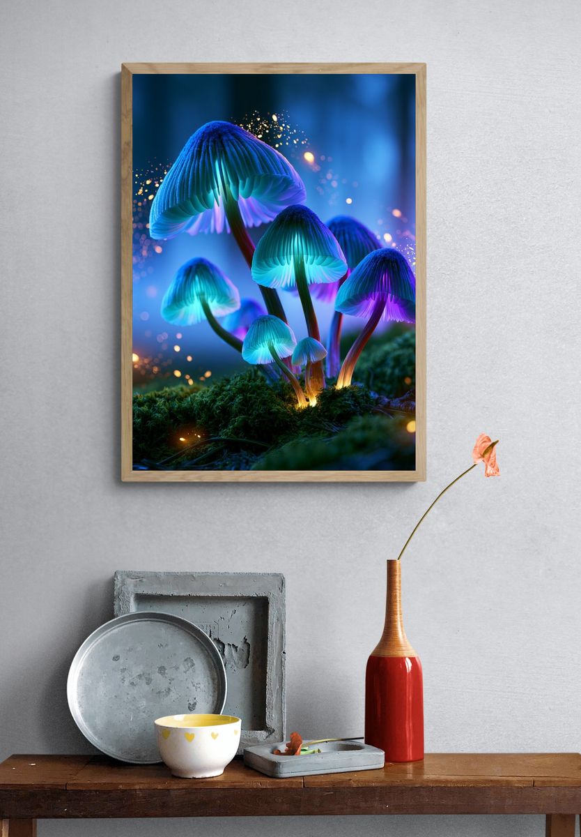 Glowing Neon Mushrooms Illustration Poster. — room view 3
