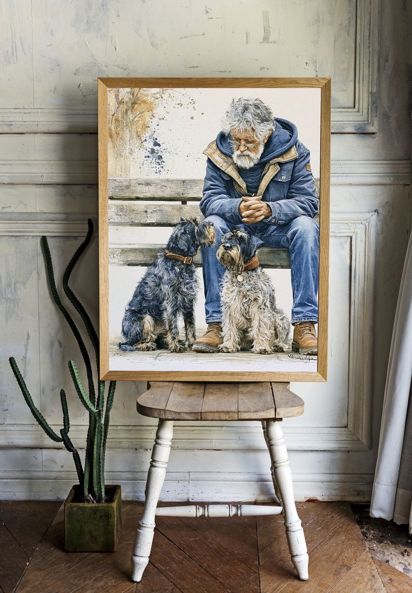 Man with Schnauzers Watercolor Print. room preview