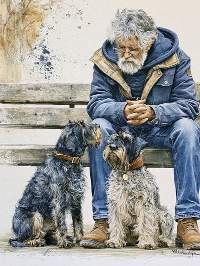 Man with Schnauzers Watercolor Print. poster print