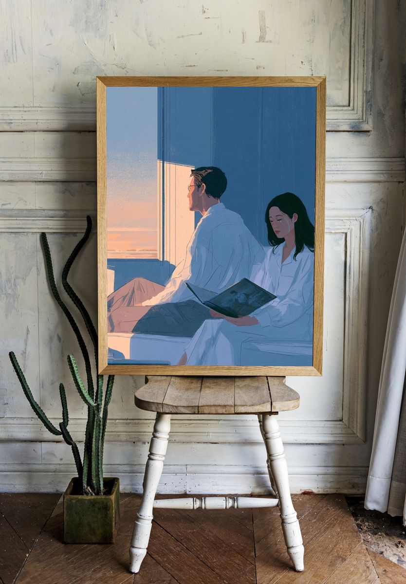 Sunlit Bedroom Reading Scene Poster. room preview