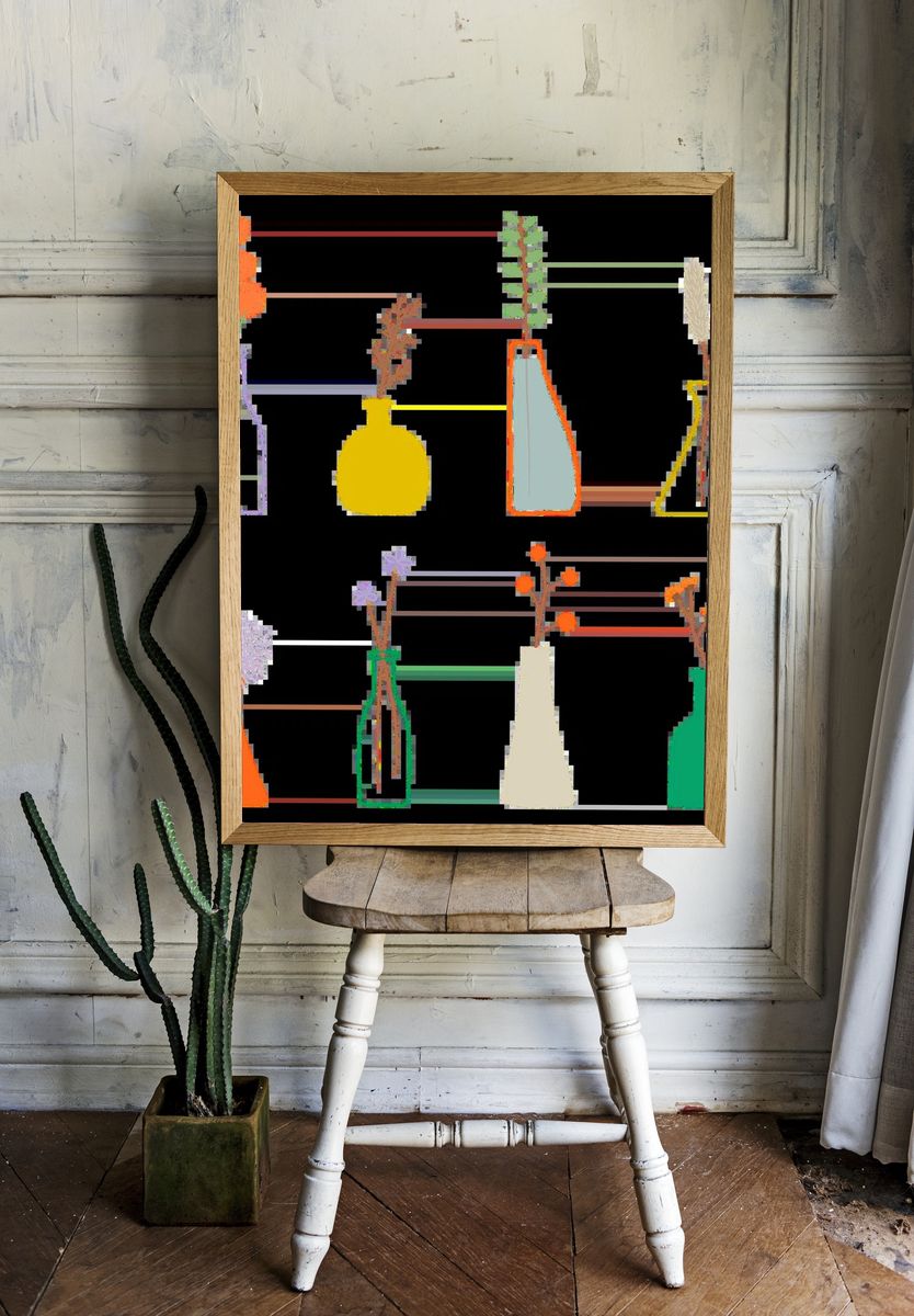Colorful doodle flowers vases pattern. room preview